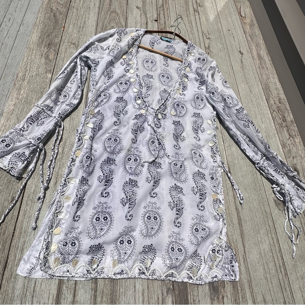 Letarte Small Beach Swimsuit Coverup Top Shirt Ren Fair Boho White Blue Festival